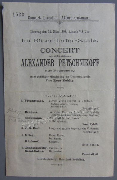 Petschnikoff, Alexander - Concert Program Vienna 1898