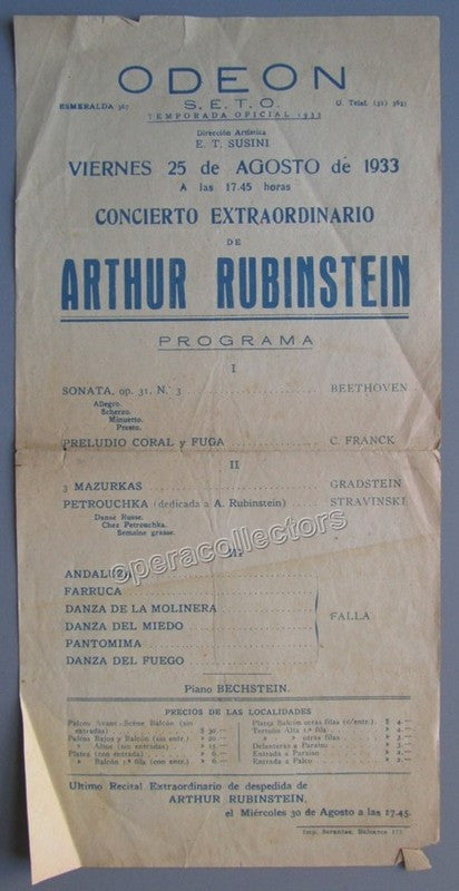 Rubinstein, Arthur - Playbill 1933
