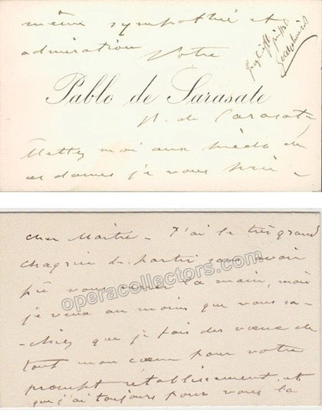 Sarasate, Pablo - Signed note on card