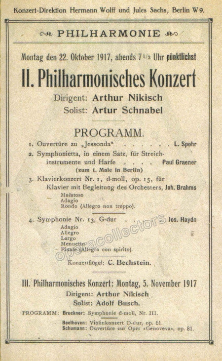 Schnabel, Arthur - Concert Program 1917