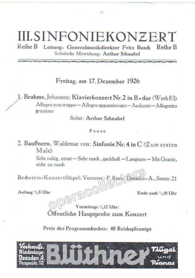 Schnabel, Artur - Concert Program 1926
