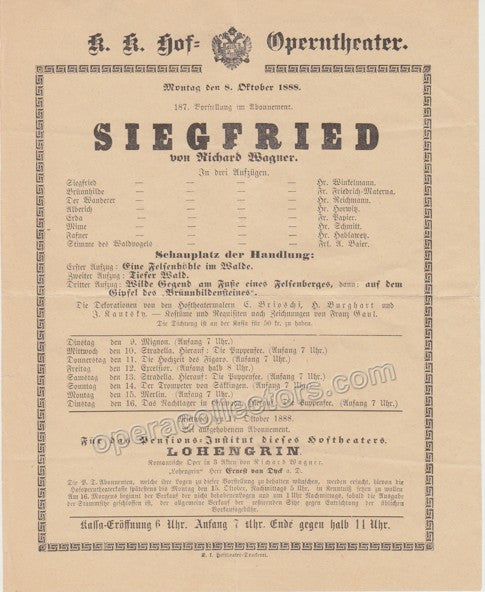 Siegfried - First Viennese Production Playbill 1888