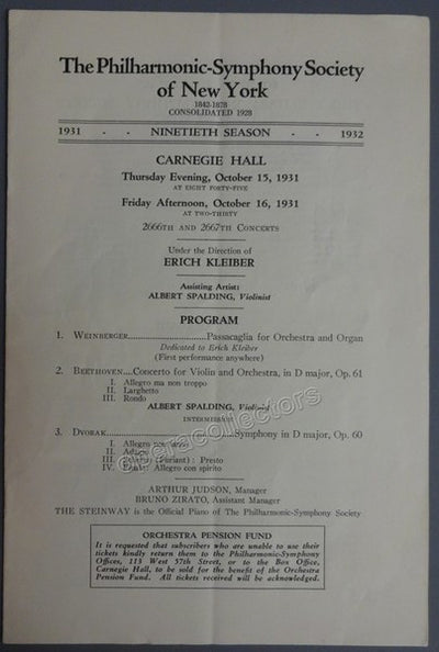 Spalding, Albert - Kleiber, Erich - Carnegie Hall Concert Program with NY Philharmonic 1931
