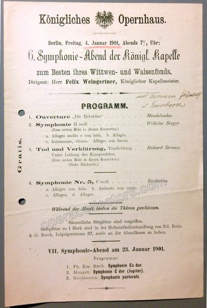 Strauss, Richard - Weingartner, Felix - Concert Program Berlin Royal Opera 1901