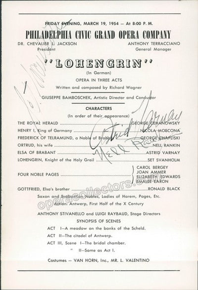 Varnay, Astrid - Svanholm, Set - Rankin, Nell - Signed Cast Page Philadelphia 1954