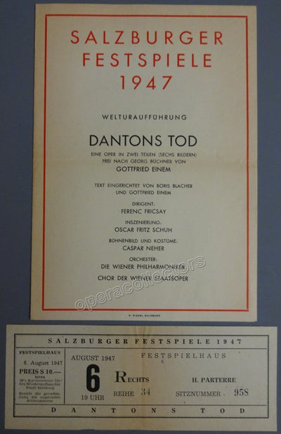 Einem, Gottfried von - Fricsay, Ferenc - Final Rehearsal World Premiere Program Dantons Tod by von Einem Program 1947 Salburg Festival