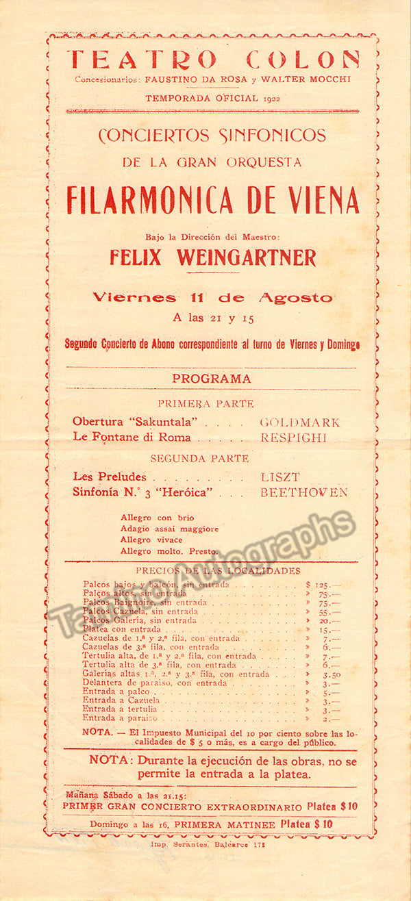 unknown weingartner felix with vienna philharmonic lot of 5 playbills 1922 2