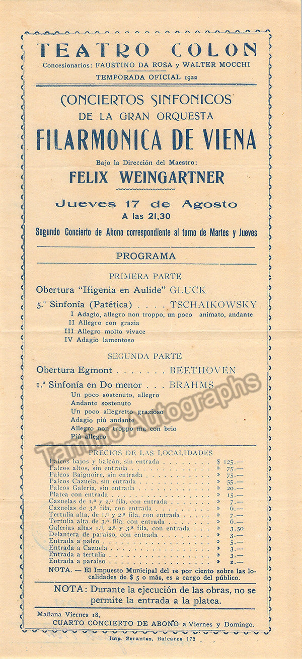 unknown weingartner felix with vienna philharmonic lot of 5 playbills 1922 5