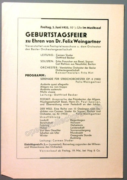 Weingartner, Felix - World Premiere and Birthday Celebration Concert 1933
