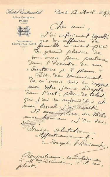 Wieniawski, Joseph - Autograph Letter Signed 1897