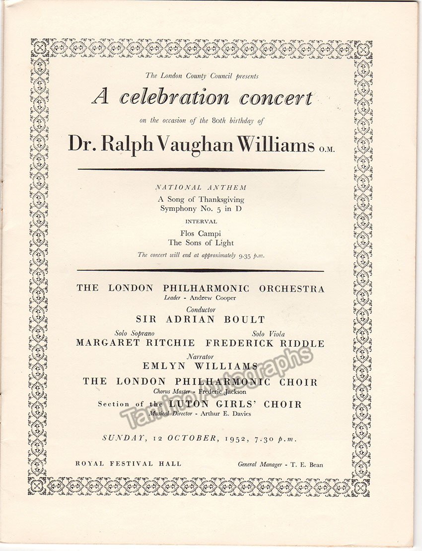 Vaughan Williams, Ralph - Concert Program 80th Birthday London 1952 - Tamino