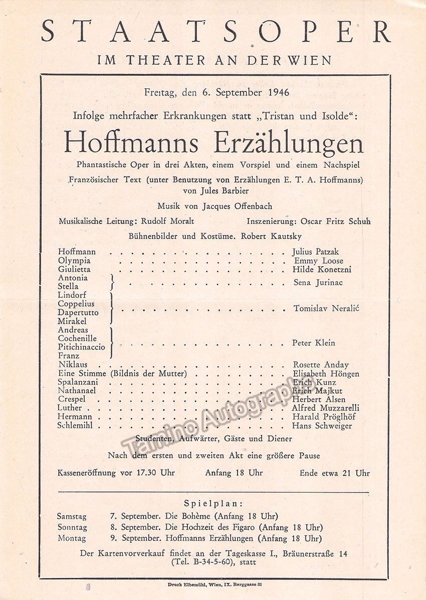 Vienna State Opera Program Lot 1946 - Tamino